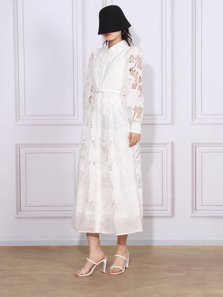 Patchwork Lace Hollow Dress Belted Lantern Sleeve For Women