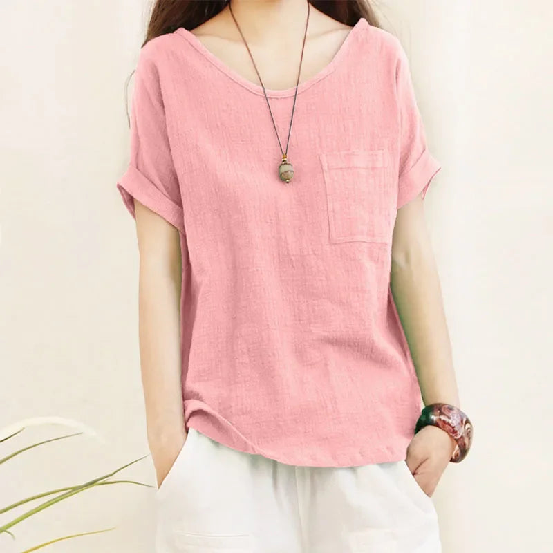 Women's Loose Fit Cotton Linen Blouse Short Sleeve Green O-Neck Casual Summer Top Large Size