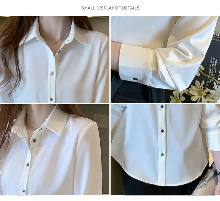 Elegant Satin Long Sleeve Blouse for Women Casual Office Shirt Solid White Basic Top