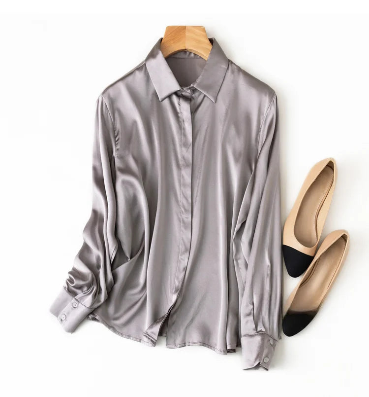 Women Satin Silk Shirt 93% Mulberry Silk 7% Spandex 19 Momme Classic Long Sleeve Blouse Solid Color Office Top for Women M L XL XXL