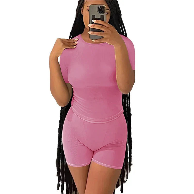 Casual Workout Two Piece Set for Women Fitted Crew Neck T-Shirt with High Waist Pants Matching Streetwear Outfit