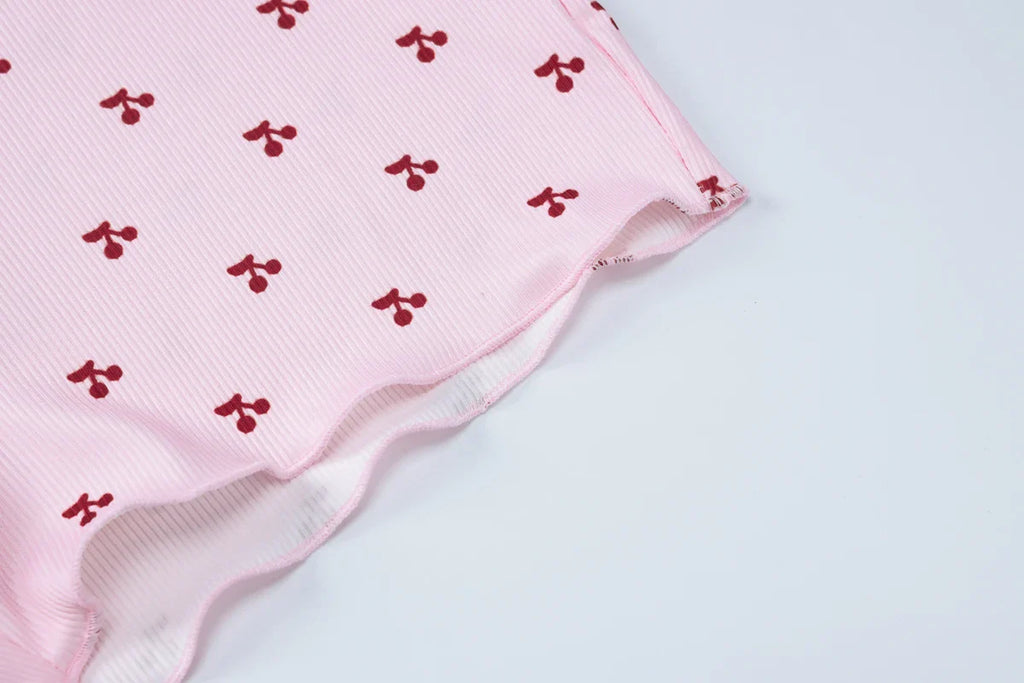 Cherry Print Two-Piece Matching Set with Slim Crop Camisole Top and Bow-Accent Shorts Summer Casual Festival and Workout Outfit for Women