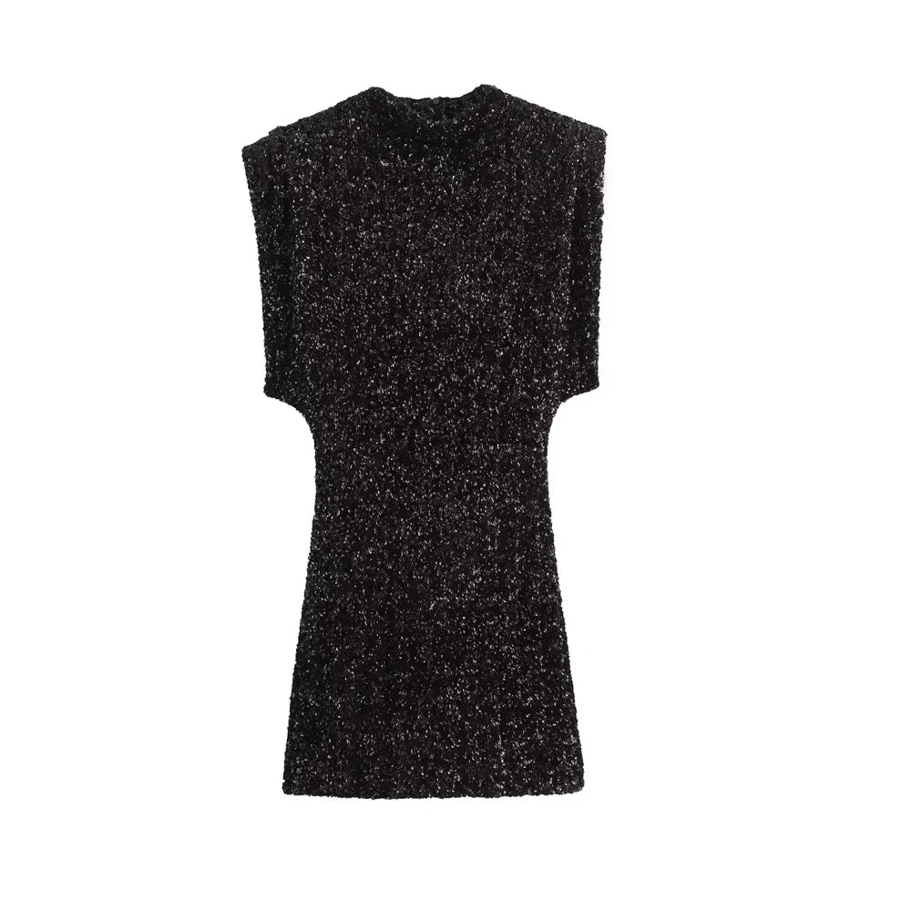 Sequined Mini Dress With Shoulder Pads O Neck Sleeveless