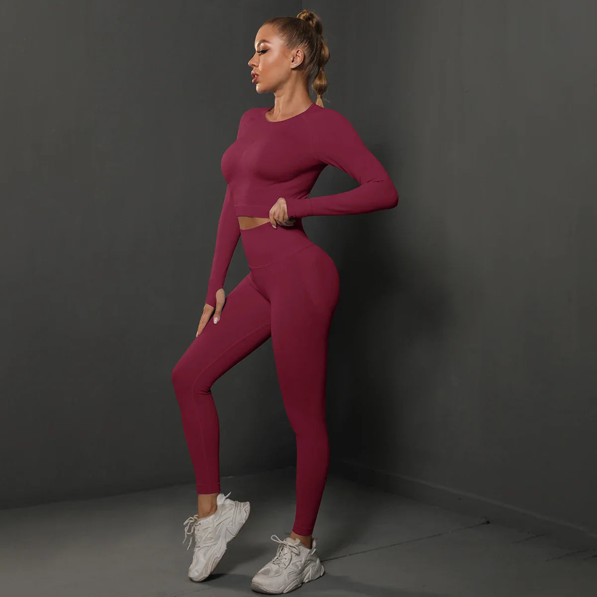 2Pcs Women Seamless Energy Gym Set Bubble Butt Sports Leggings and Long Sleeve Push Up Running Tracksuit Tights Activewear Set
