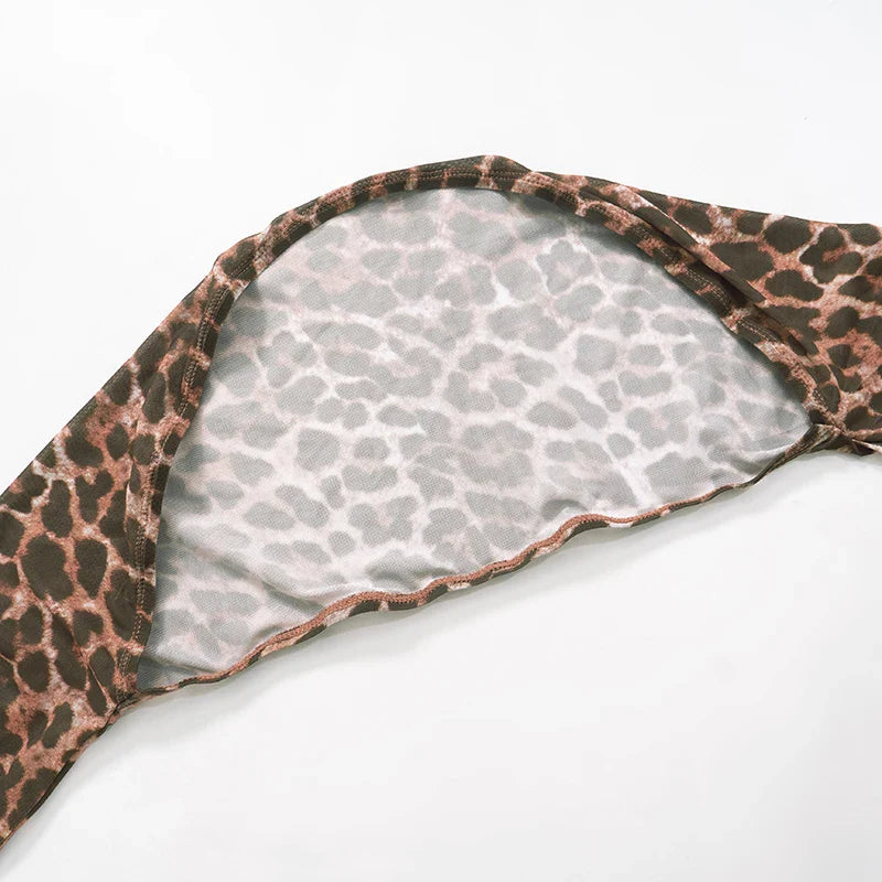 Leopard Print Mesh Long-Sleeved See-Through Sexy Set with Lace-Up Bustier, Short Shawl and Elastic Waist Pants