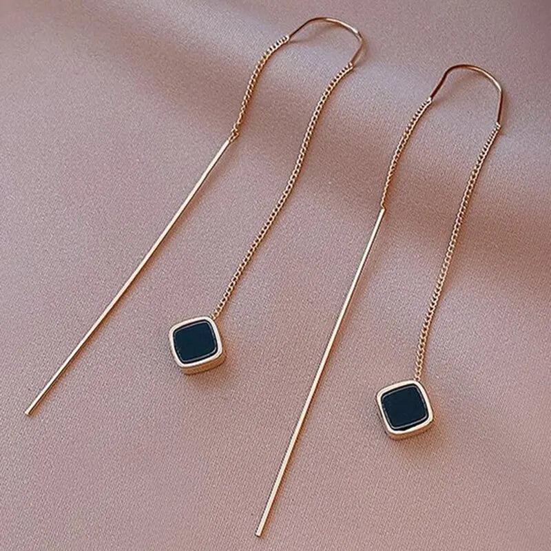 Geometric Square Drop Earrings for Women with Long Tassel Design Ideal for Parties and Special Occasions
