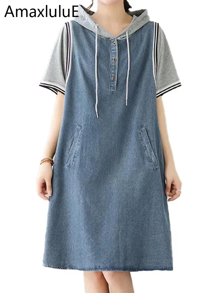 Denim Mini Dress Women Loose Elegant Vintage Casual