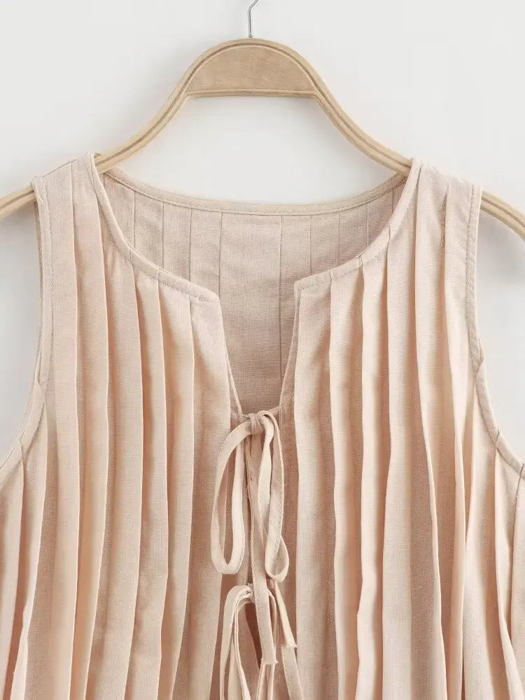 Women's 2-Piece Fashion Set Solid Pleated Vest Top and High Waist Midi Skirt Chic Coordinated Outfit for Elegant Style