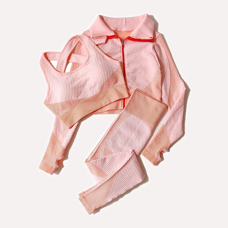 2/3Pcs Women Seamless Knitted Yoga Set with High Waist Leggings and Zipper Long Sleeve Crop Top Lightweight Stretchy Fitness Sportswear Gym Outfit