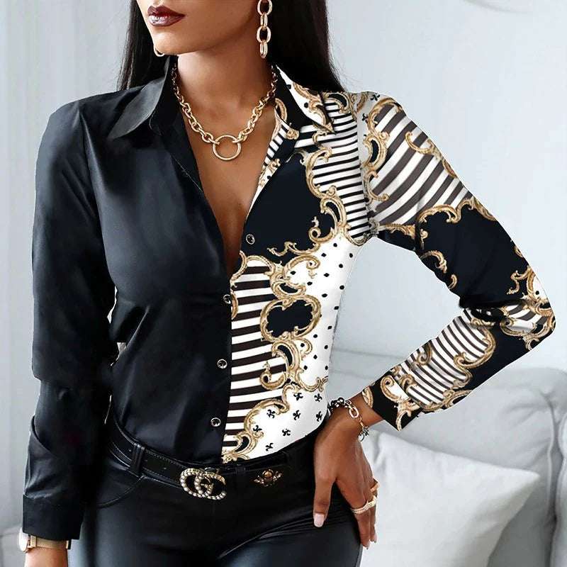 Office Lady Turn Down Collar Leopard Print Shirt with Striped Lapel Long Sleeve Blouse Casual Vintage Fashion Top