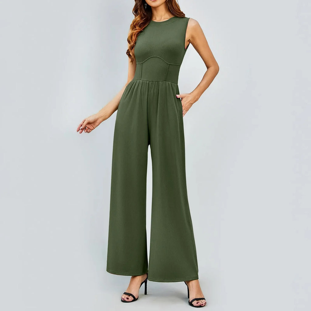 Women Sleeveless High Neck Ribbed Tank Top Jumpsuit Wide Leg Pants Romper with Tummy Control and High Waist Casual Summer Outfit