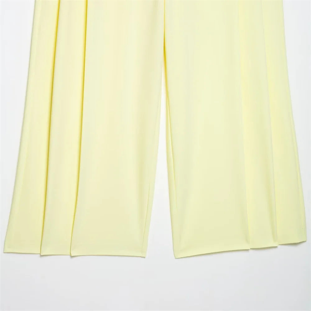 Womens Light Yellow Suit Set Halter Vest with Gold Buttons and Pleated Wide Leg Pants Stylish Ensemble