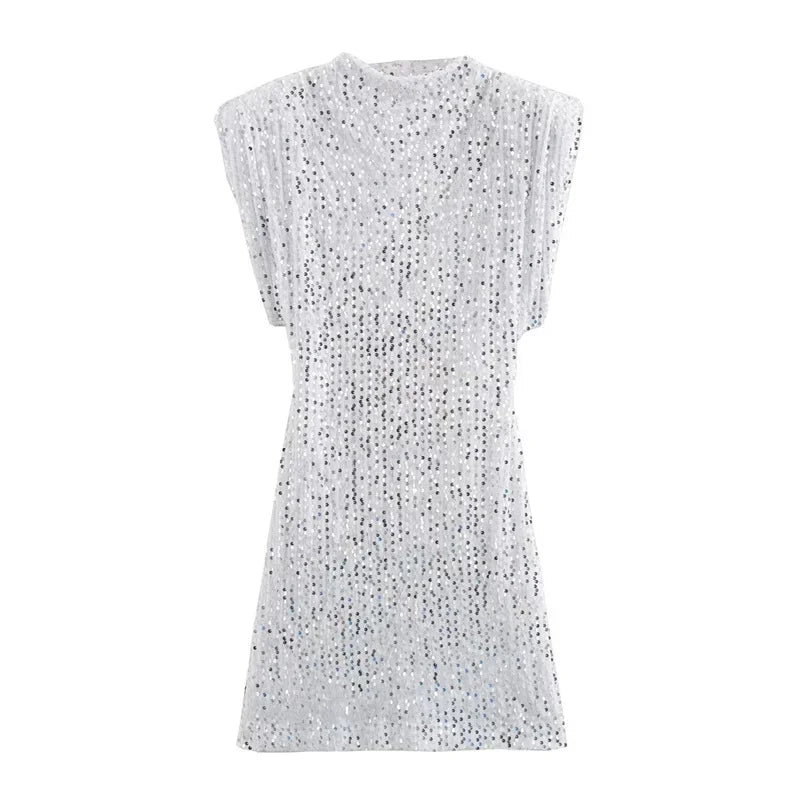 Silver Sequin Mini Dress Bodycon O Neck Sleeveless Partywear
