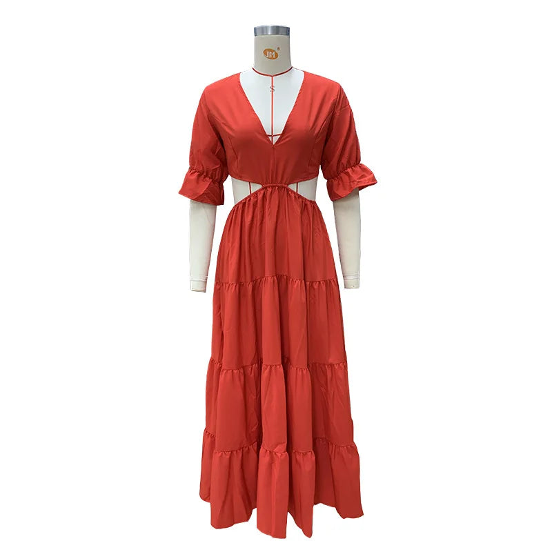 Flare Sleeve Maxi Sundress With Deep V Neck For Women