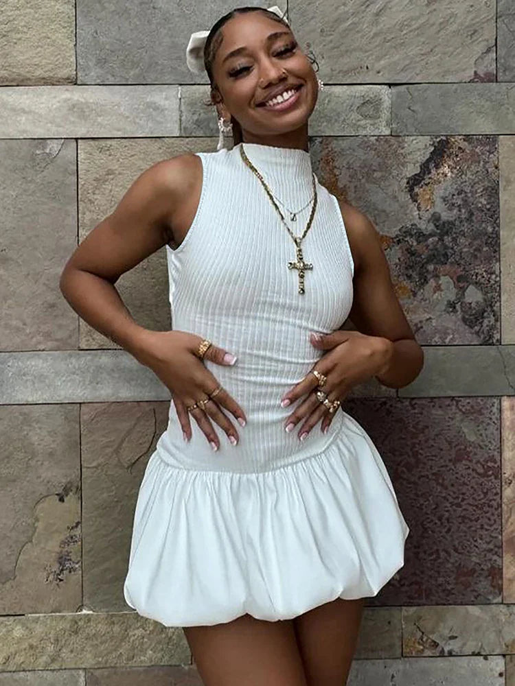 Ribbed Sleeveless Patchwork Bubble Backless Minidress