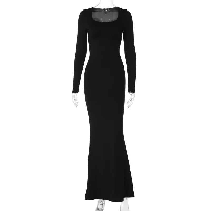 Lace Up Bandage Maxi Dress Black Long Sleeve Bodycon