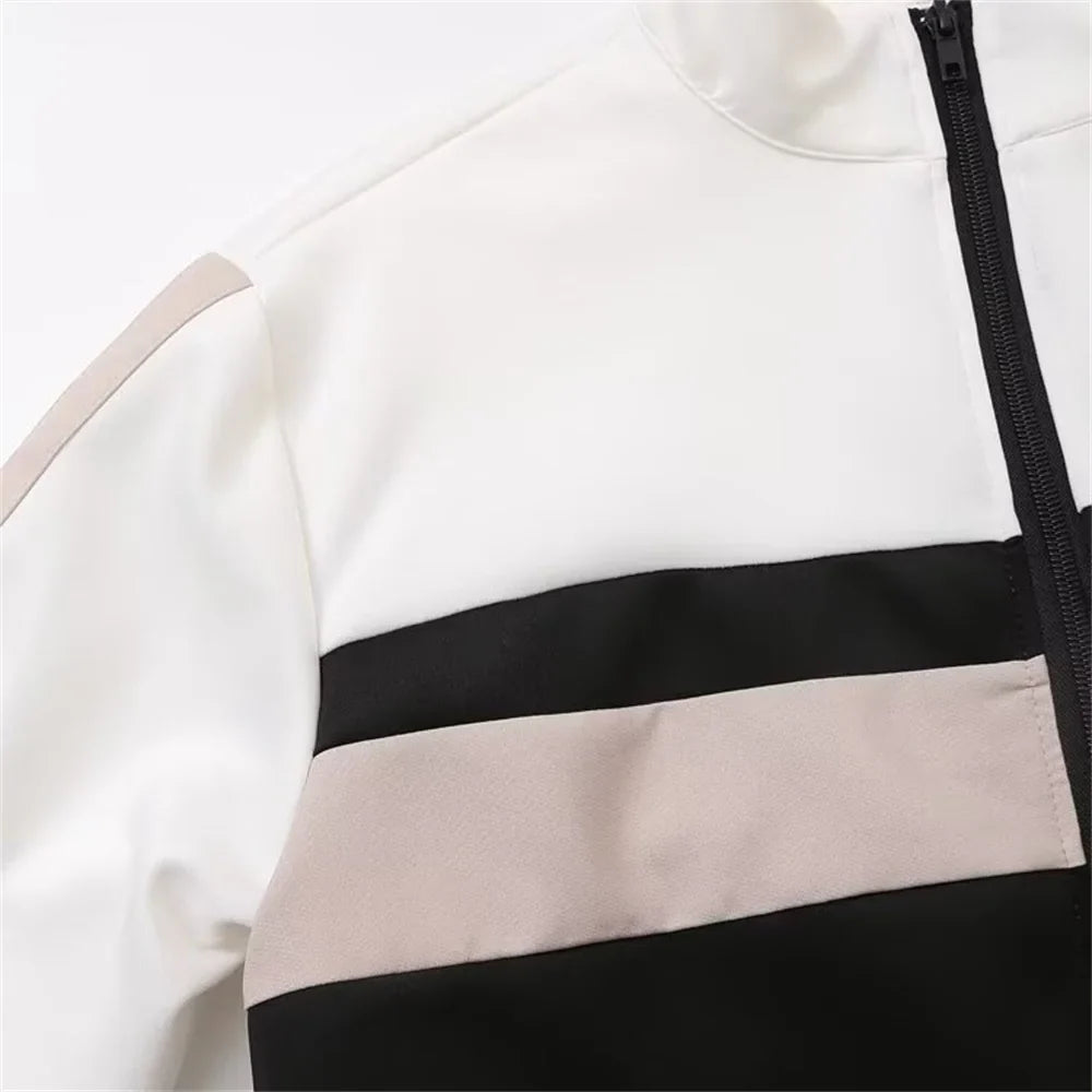 Women's Fashion Casual Zipper Pilot Jacket and High Waist Wide Leg Pants Set with Side Stripes