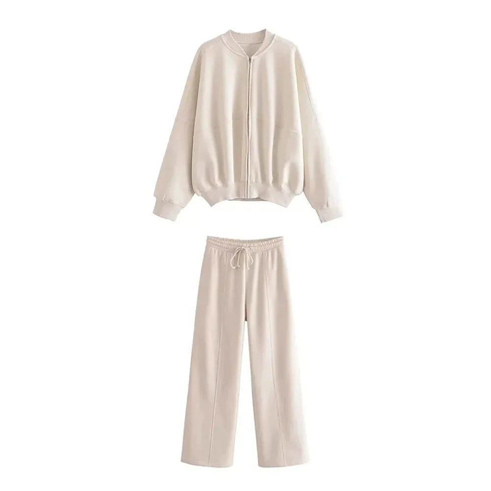 Casual Bomber Jacket Pant Set for Women Long Sleeve Zipper Coat Vintage Solid Sweatshirt Suit Autumn Streetwear Outfit