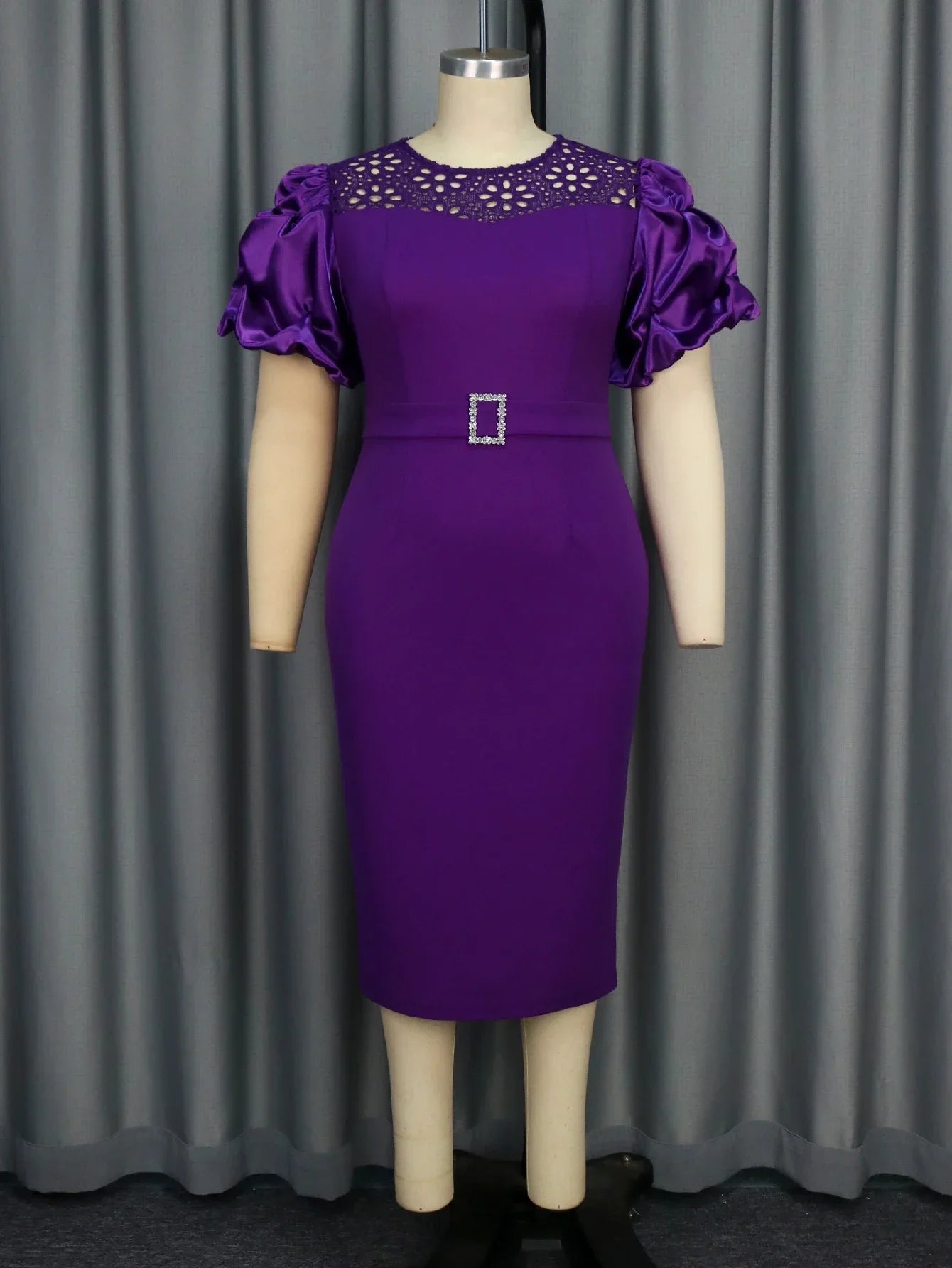 Modest Church Dress With Puff Sleeves Lace Patchwork