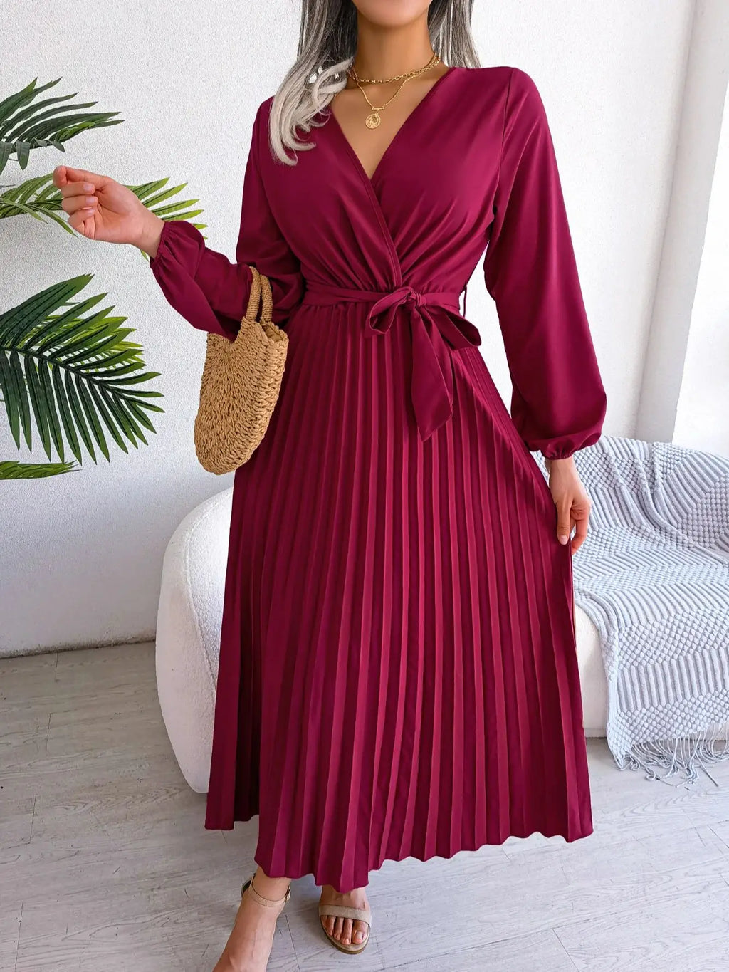 Elegant Surplice Neck Pleated Maxi Dress With Belt Flair