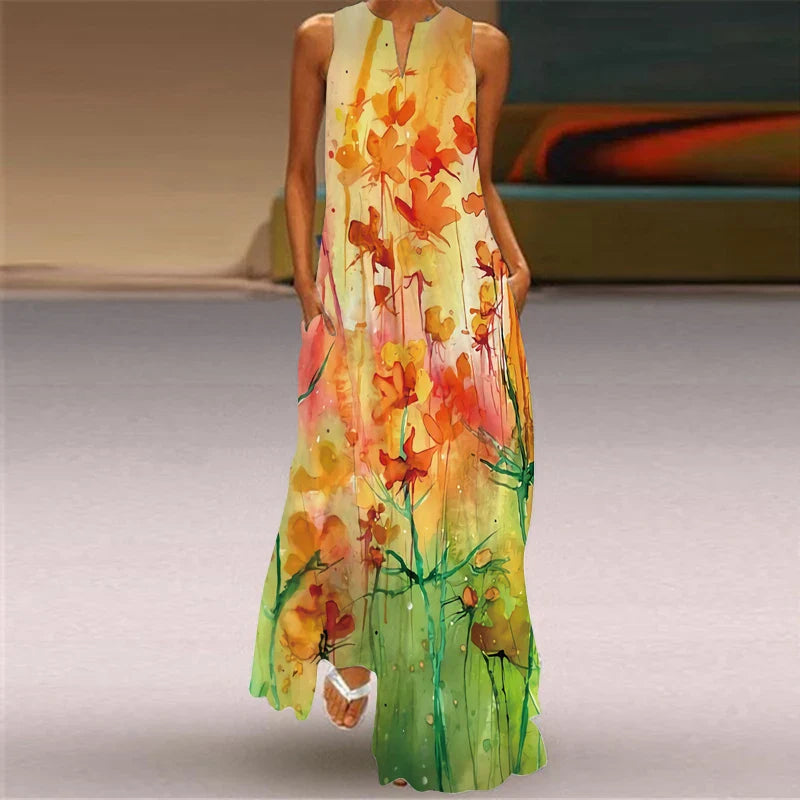 Sleeveless V Neck Printed Maxi Dress for Summer Heat