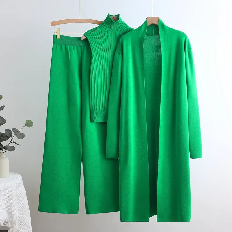 Elegant Knitted Office Lady 3-Piece Set Featuring Long Sleeve Cardigan High Neck Vest Sweater and Wide Leg Pants Winter Ensemble for Women