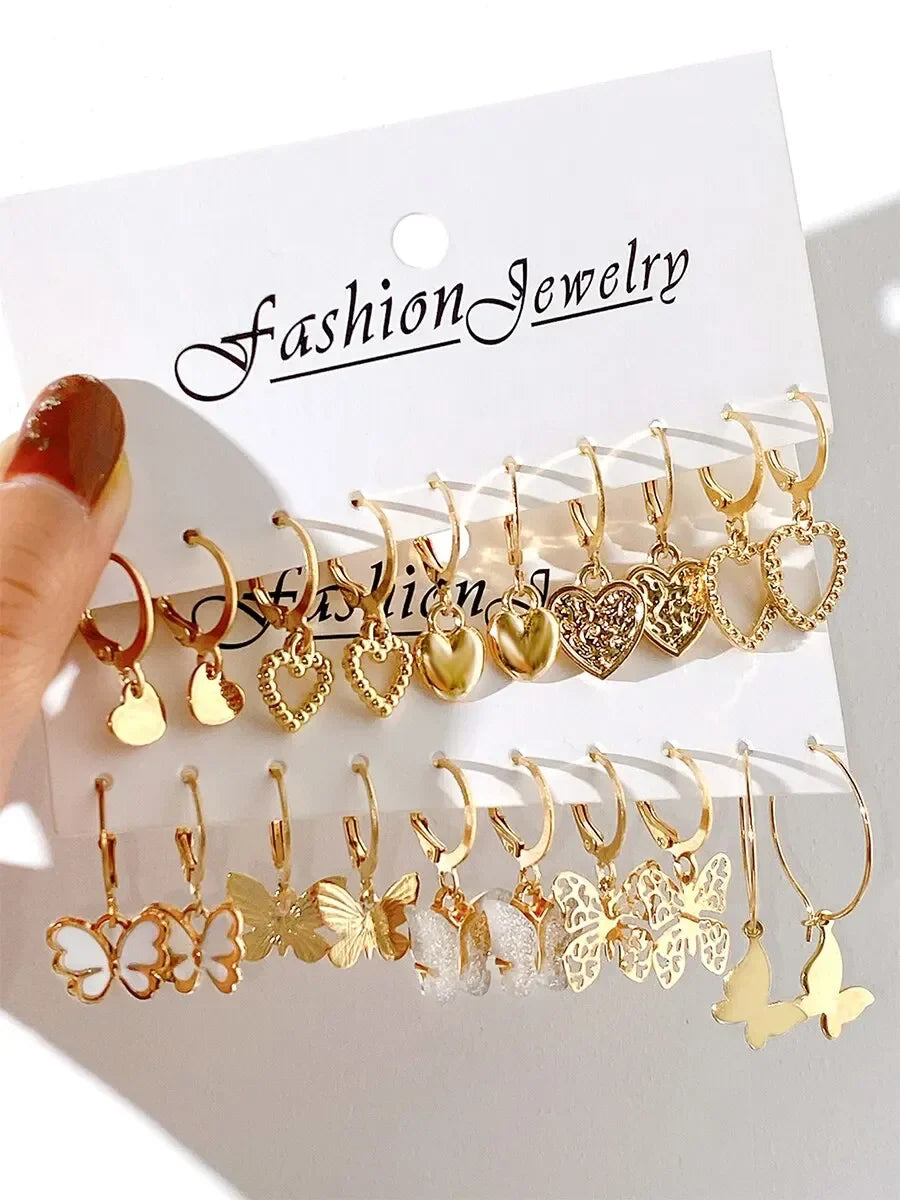 10pcs Gold Color Butterfly Earrings Set for Women Fashion Jewelry Gifts