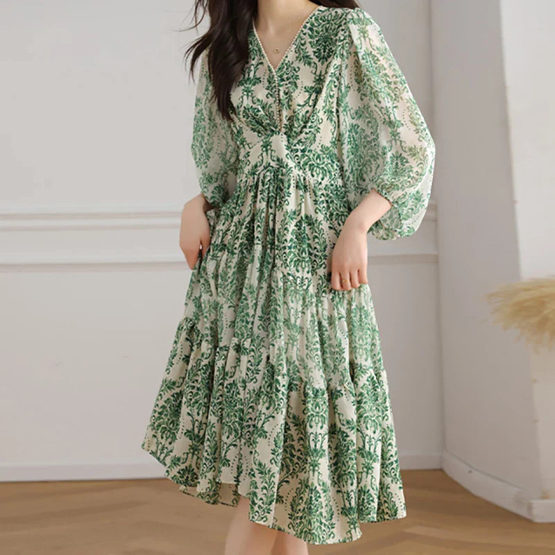 Floral Chiffon Dress For Women V Neck A Line Dress