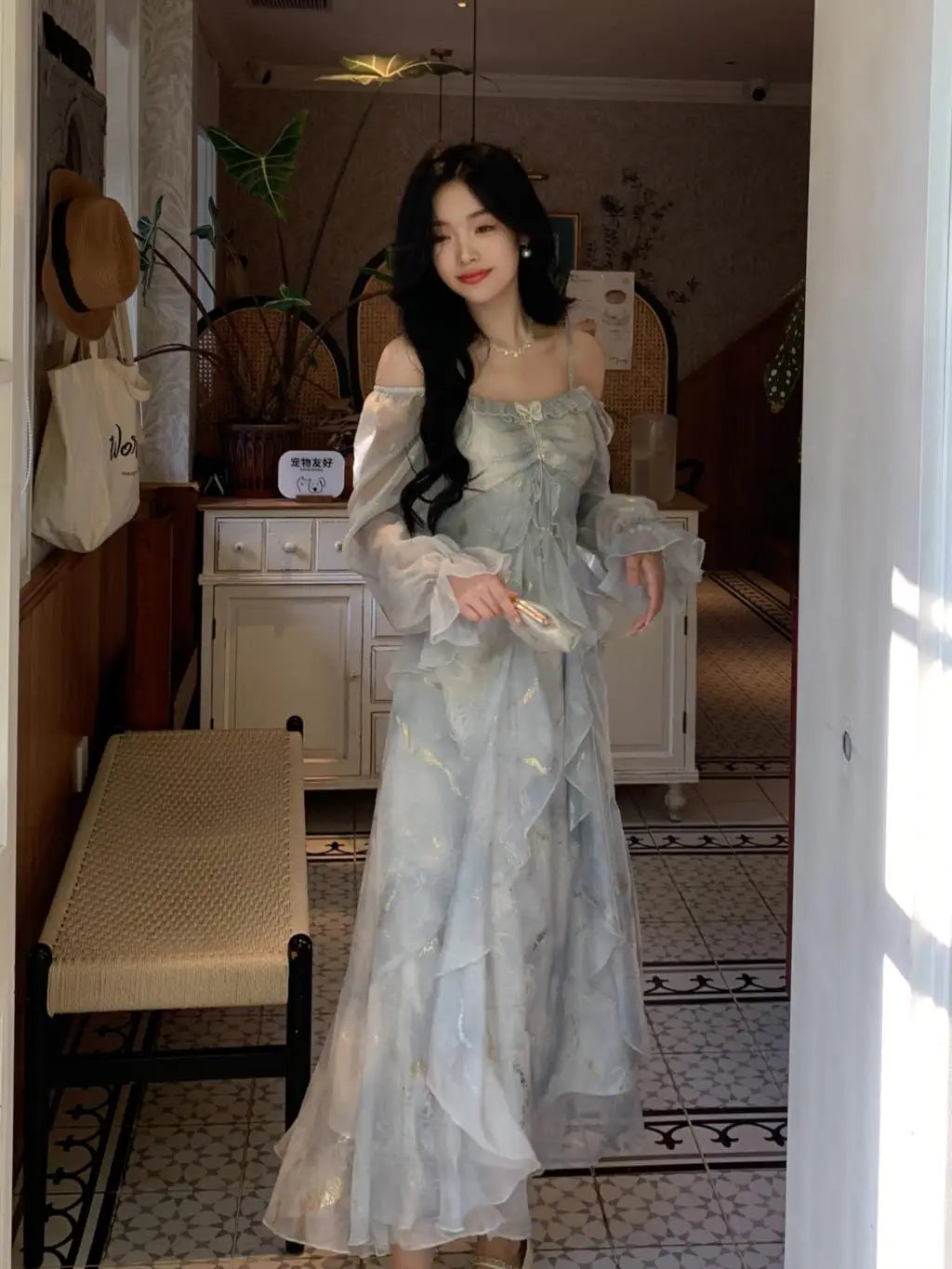 Off Shoulder Dress Ruffle A Line Long French Print