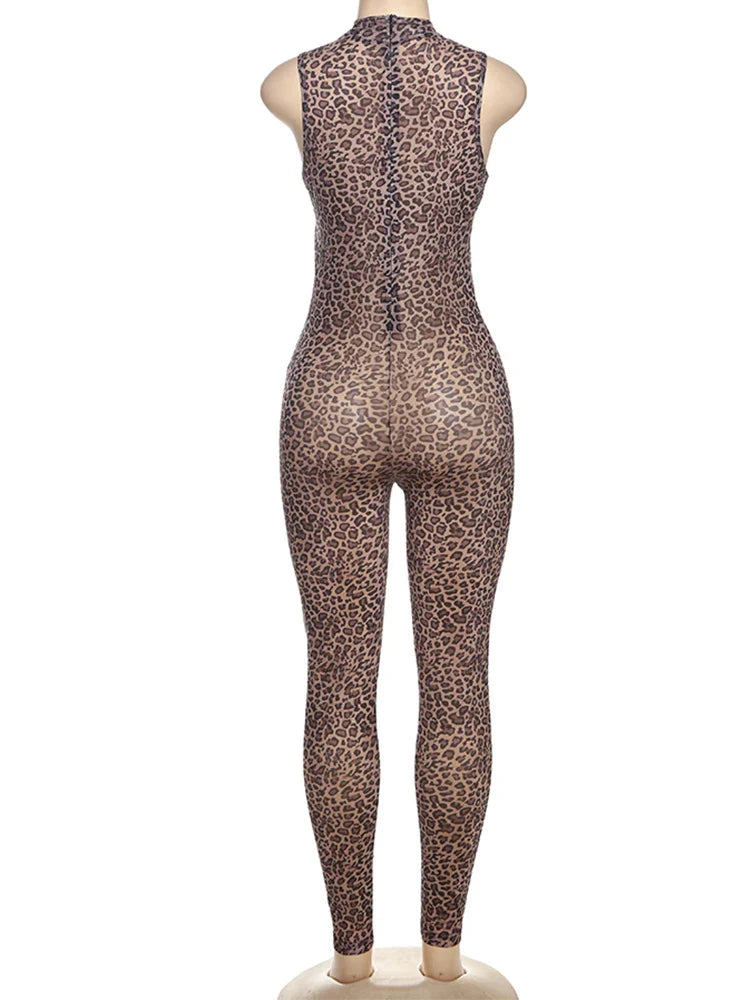 High Collar Sleeveless Leopard Print Mesh Jumpsuit with Sheer Hollow Cleavage and Skinny Fit Overalls for Women Sexy Clubwear