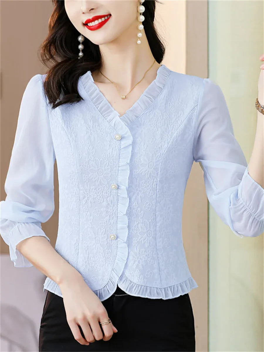Women Casual Long Sleeve V-Neck Blouse Solid Color Lightweight Shirt for Spring and Autumn
