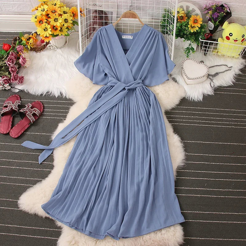 Chiffon Pleated Lace Up V Neck Dress For Women Summer