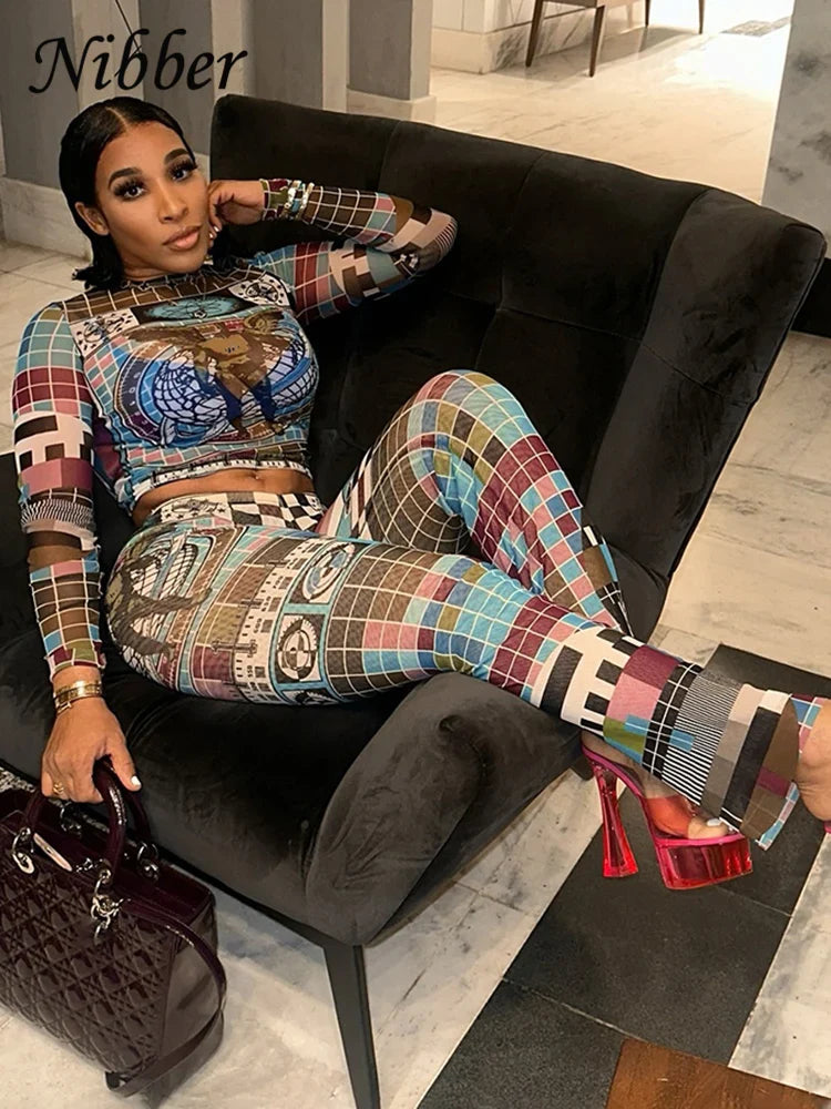 Colorful Pixel Print Mesh Women 2 Piece Tracksuit Set with Full Sleeve Crop Top and Stretch Leggings for Trendy Streetwear