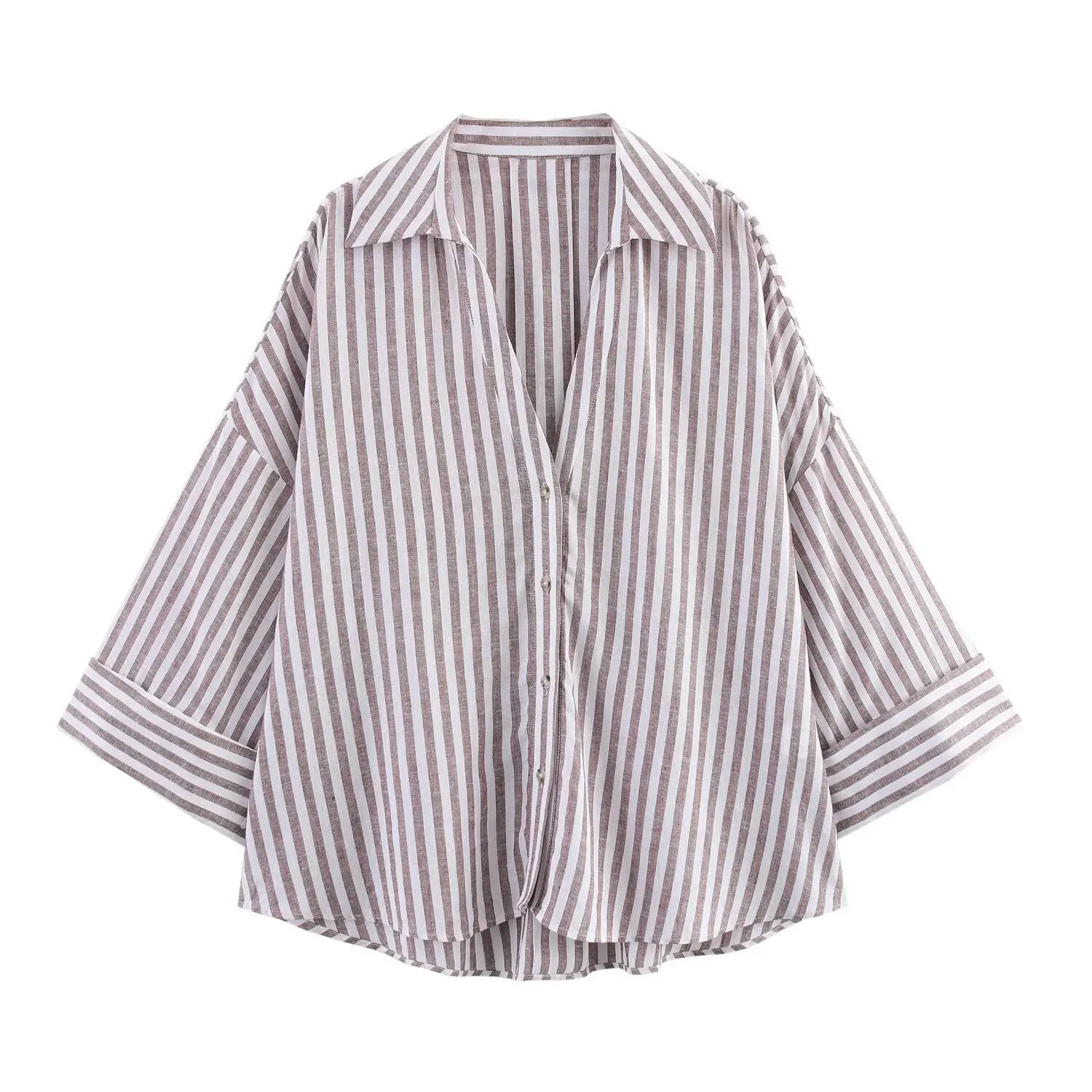 Women's Collared Shirt with Wide Sleeves Simple Striped Single Breasted Stylish Spring Top