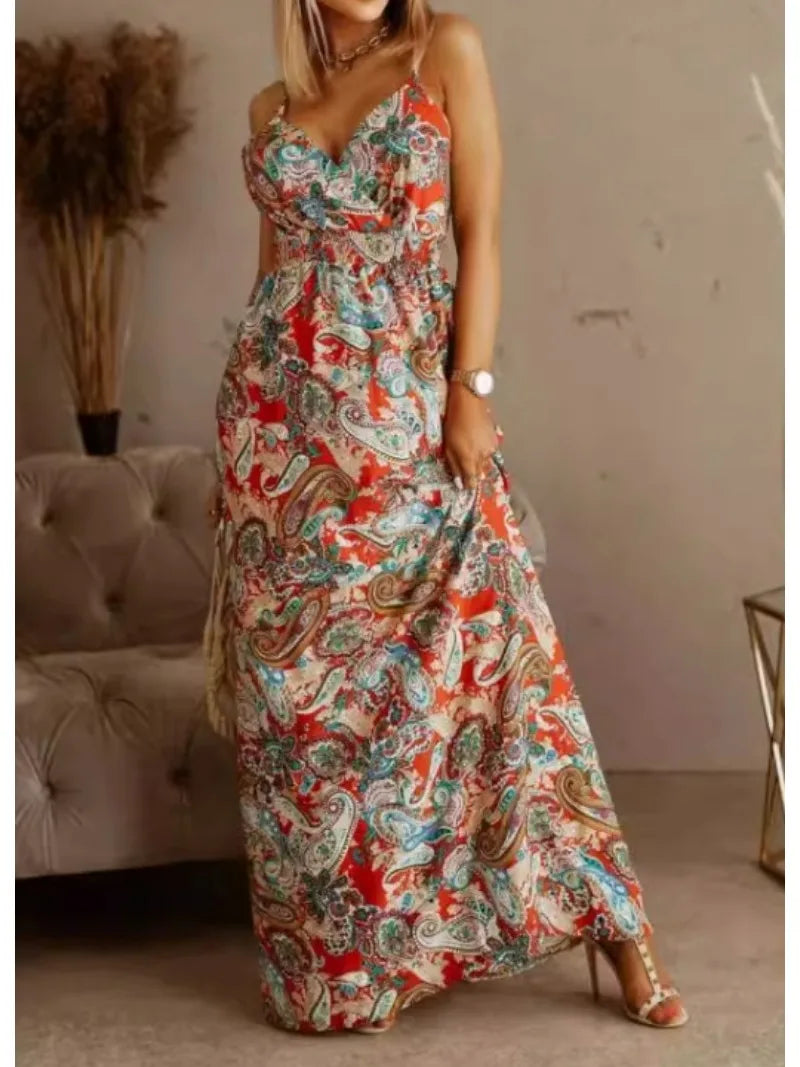Bohemian Floral Chiffon Summer Dress With V Neckline