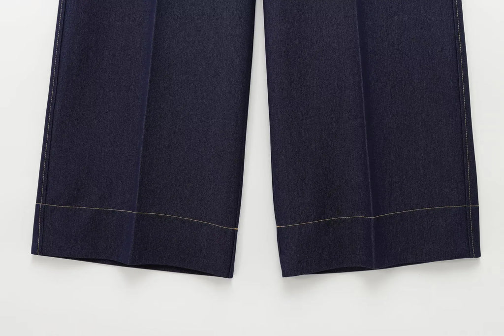 Fashion Women Solid Jacket and Wide Leg Pant Set with Cropped Coat and Zipper Details