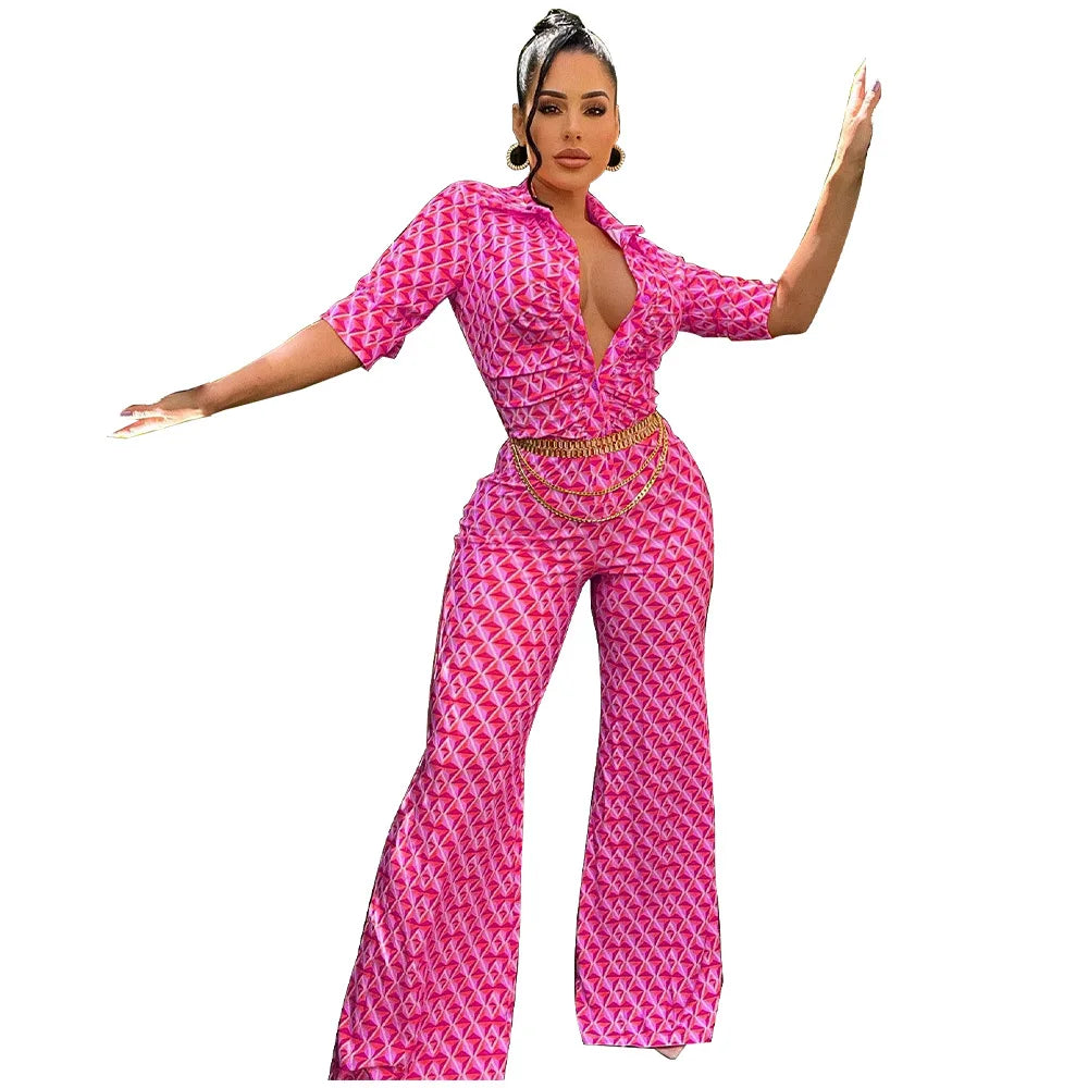 Elegant Chic Printed Women One Piece Slim Fit V Neck Long Sleeve Wrap Waist Jumpsuit Office Fashion Outfit