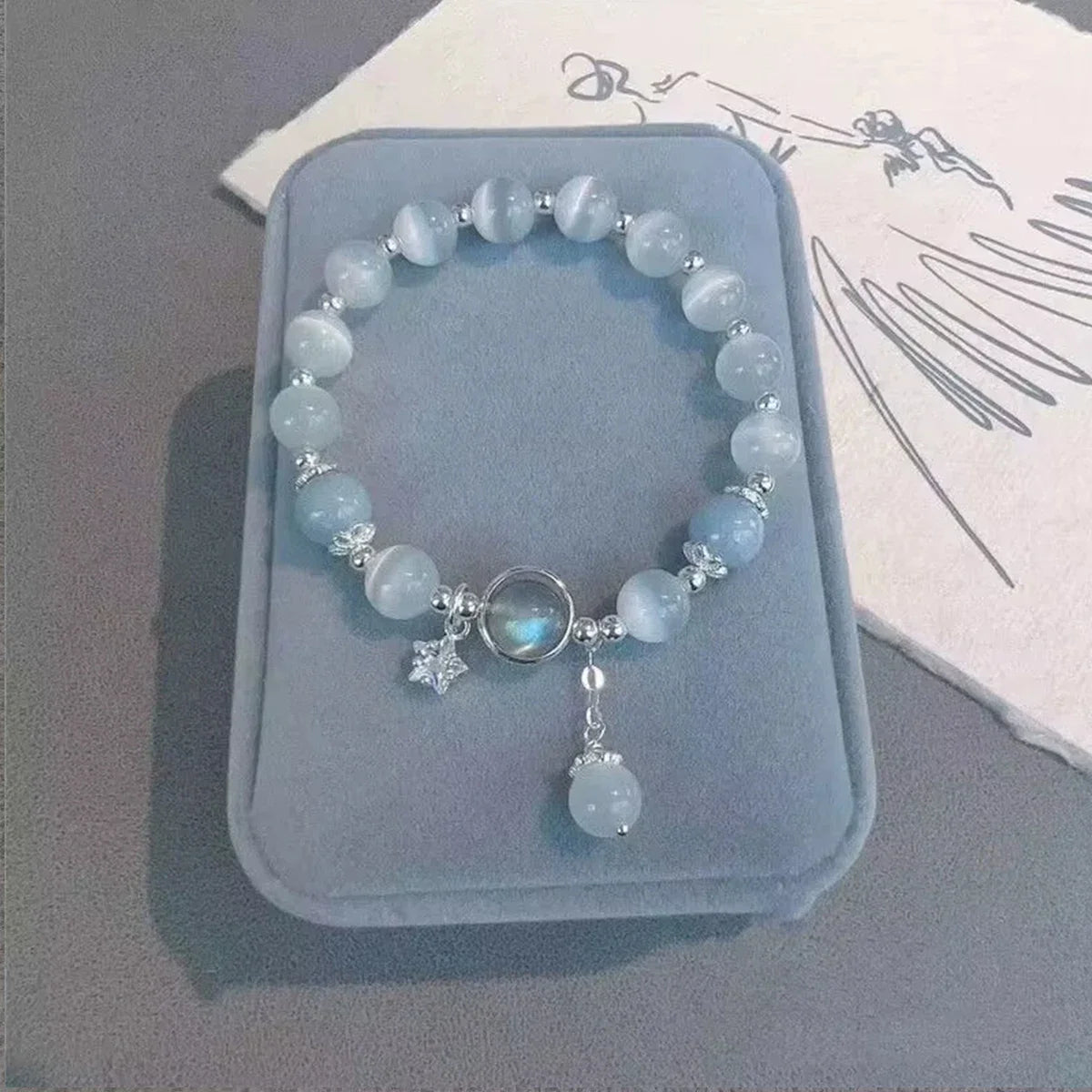 Unique Dreamy Blue Moonstone Cat Eye Pendant Crystal Bead Bracelet for Women