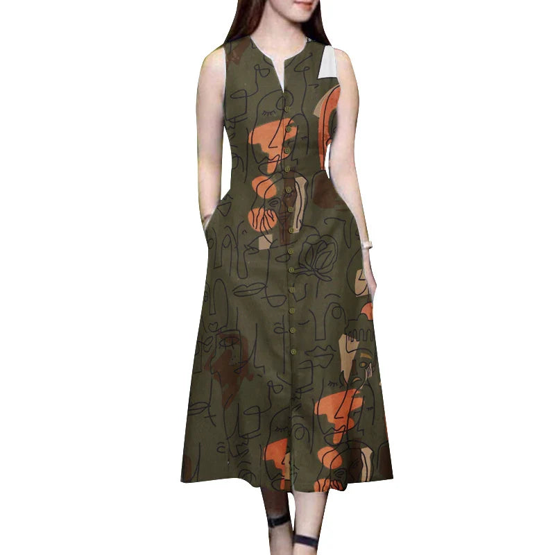 V Neck Sleeveless A Line Printed Sundress For Summer