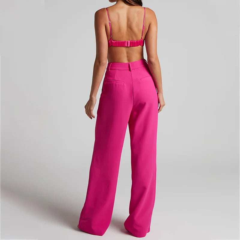 Elegant Women's Blazer Set with High Waisted Pants for Stylish Office Wear in Solid Colors Perfect for All Seasons