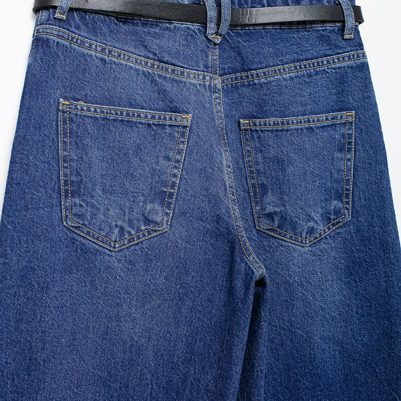 Women's Fashion Denim Blue V-Neck Tank Top and Vintage Straight Leg Pants Two Piece Set