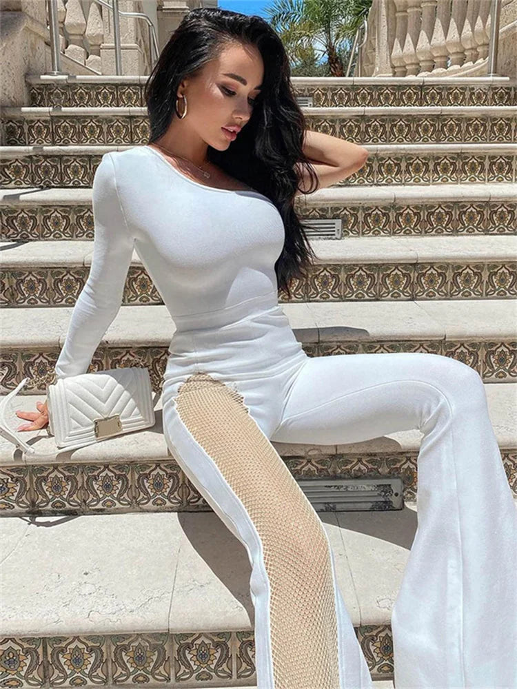 Mesh Patchwork One Sleeve Jumpsuit for Women Hipster Incline Shoulder Sheath Flare Overalls Autumn Streetwear