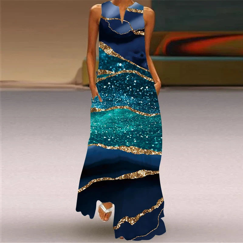 Sleeveless V Neck Printed Maxi Dress For Summer Beachwear