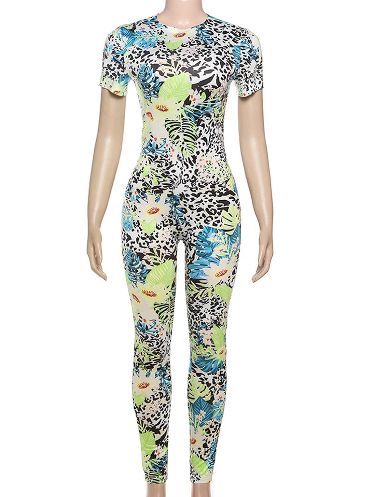 Weird Puss Colorful Print Women's Short Sleeve Skinny Jumpsuit Soft Stretch O-Neck Casual Summer Fitness Street Overalls