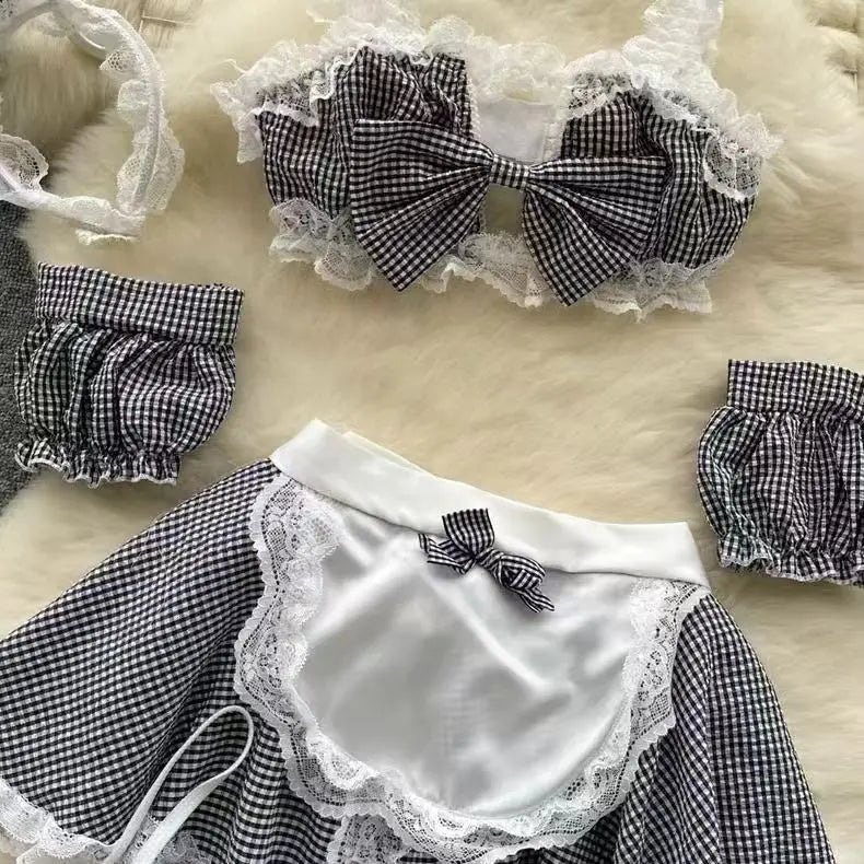 Sexy Maidservant Apron Dress Three Piece Set Lace Trimmed Plaid Cosplay Lingerie Nightwear for Women
