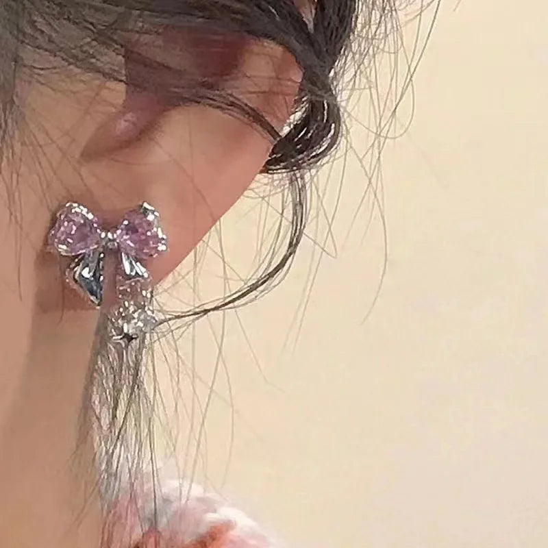 Y2K Bowknot Zircon Stud Earrings for Women with Pink Crystals in Silver Color Fashion Jewelry