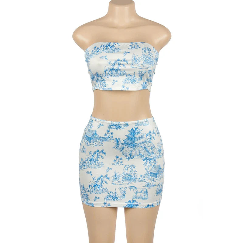 Women's Summer Two-Piece Set Sleeveless Strapless Retro Print Top and High Waist Slim Mini Skirt Streetwear Outfit