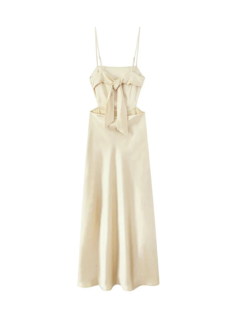 Hollow Out Midi Dress Backless Bow Tie Soft Touch Fabric