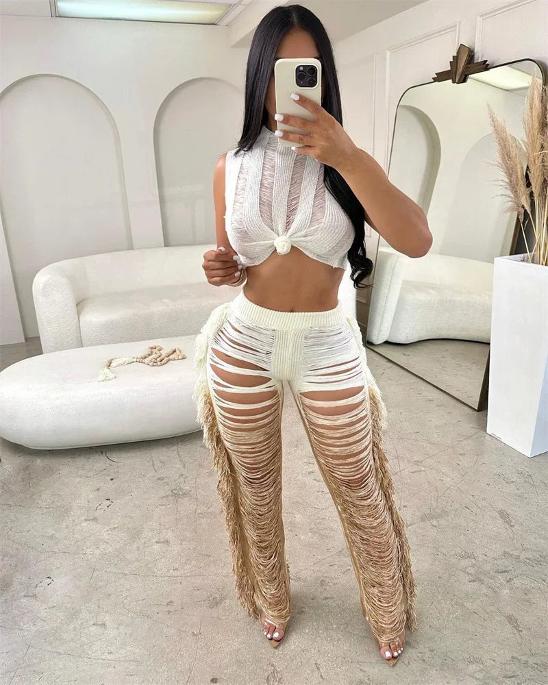 Gradient Color Crochet Two Piece Set for Women Summer Beach Vacation Outfit with Crop Top and Wide Leg Pants