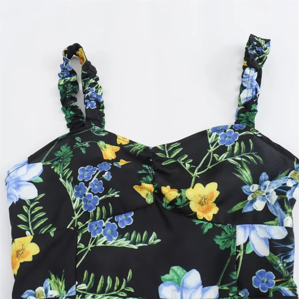 Open Back Midi Dress With Flower Print Strappy Detail